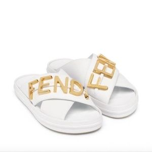 NIB $1150 Fendi graphy Platform Slide Sandal (Women) in White/Gold - size 37!